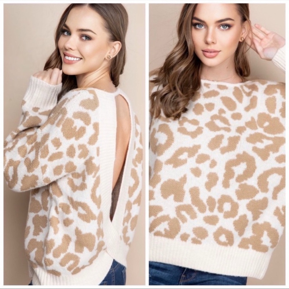 Ivory leopard print open back sweater